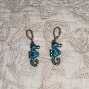 Blue painted with Rhinestone Seahorse Drop Earrings